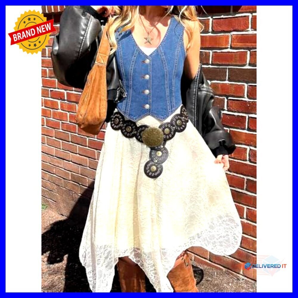 Large Denim Vest V-Neck Button Down Sleeveless Casual Top - Picture 6 of 7